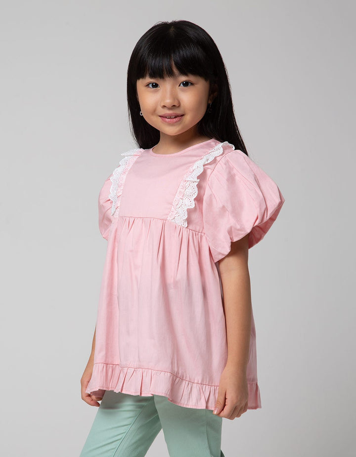 Little M Short Sleeve Blouse Ruffle Lace Lengan Puff