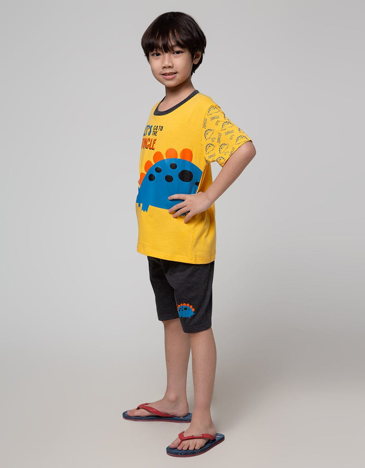 Little M Top-Bottom Set T-Shirt Tangan Print Handsome Dino