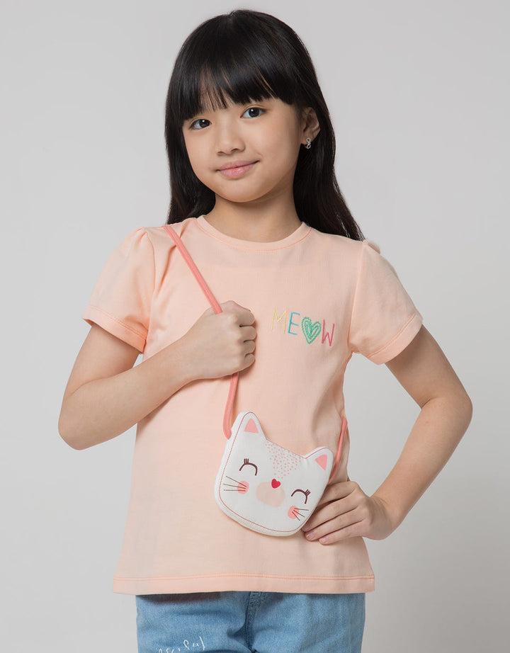 Little M Meow Print Kaos Anak Perempuan