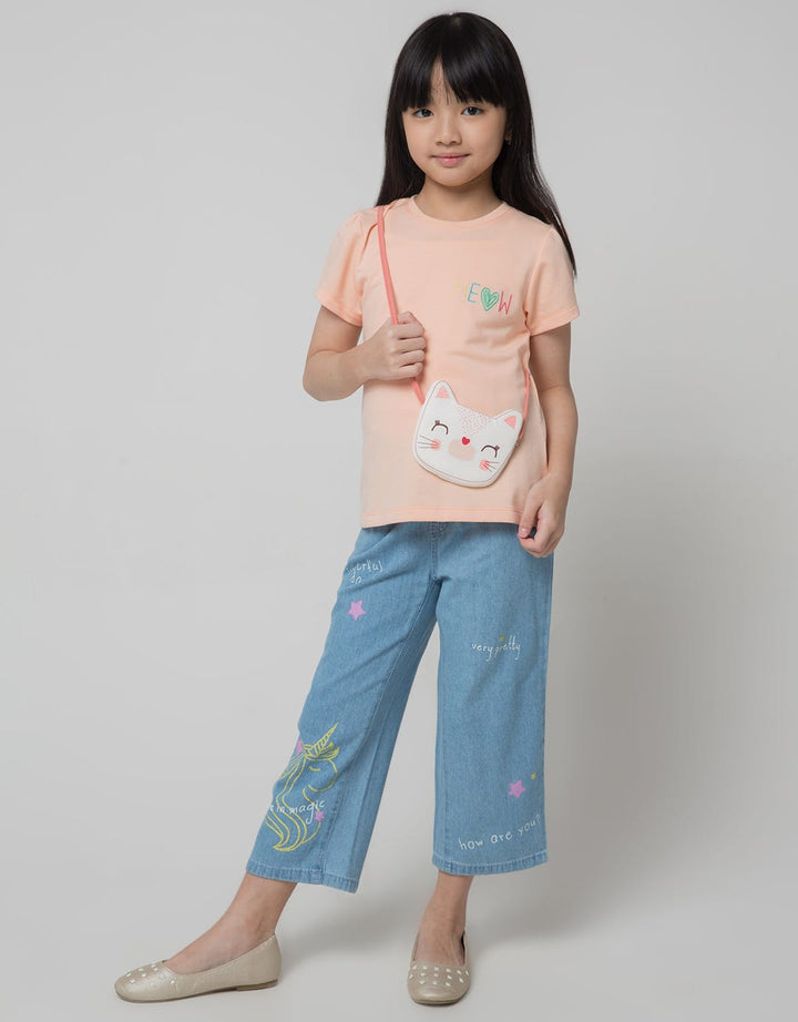 Little M Meow Print Kaos Anak Perempuan