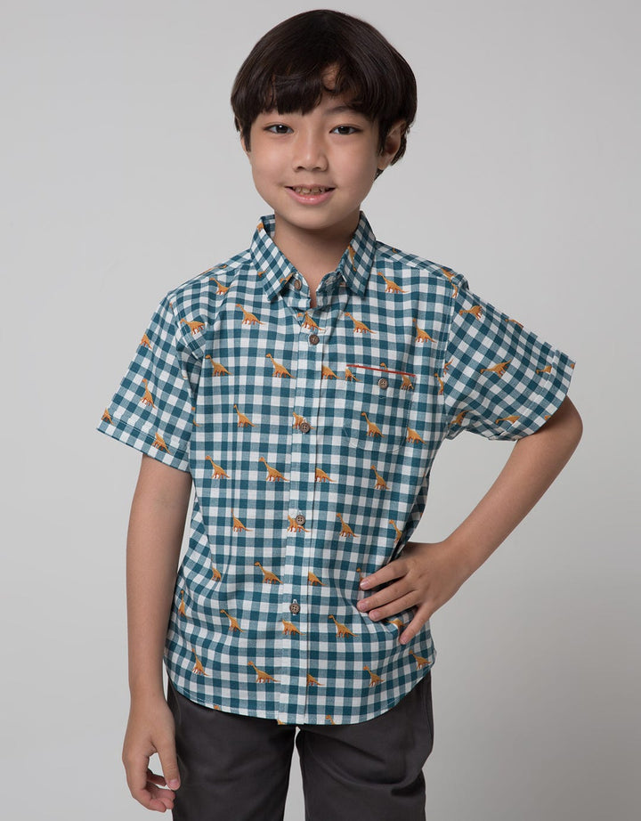 Little M Short Sleeve Shirt Print Dino Check Linen