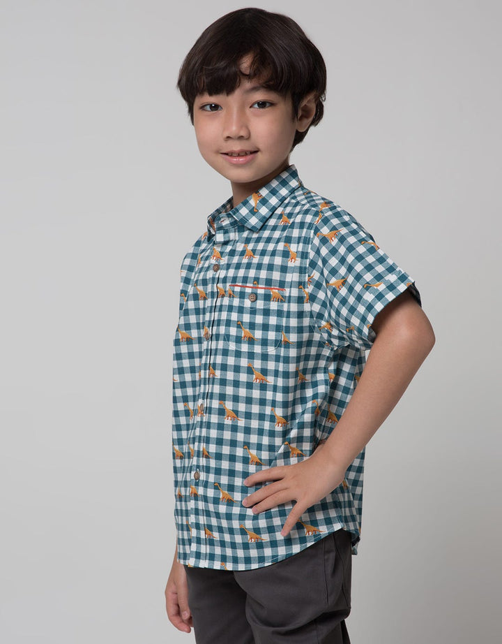 Little M Short Sleeve Shirt Print Dino Check Linen
