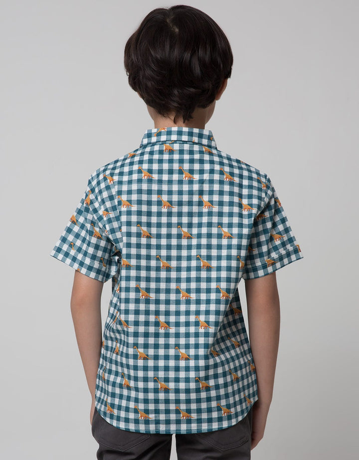 Little M Short Sleeve Shirt Print Dino Check Linen