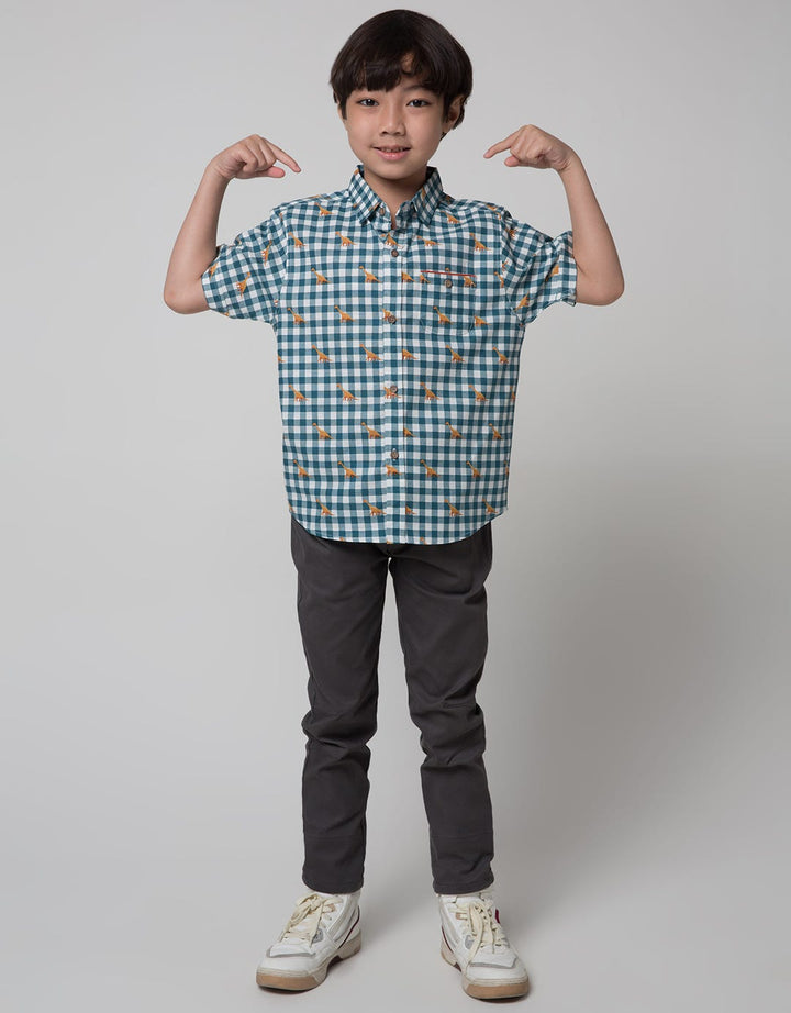 Little M Short Sleeve Shirt Print Dino Check Linen
