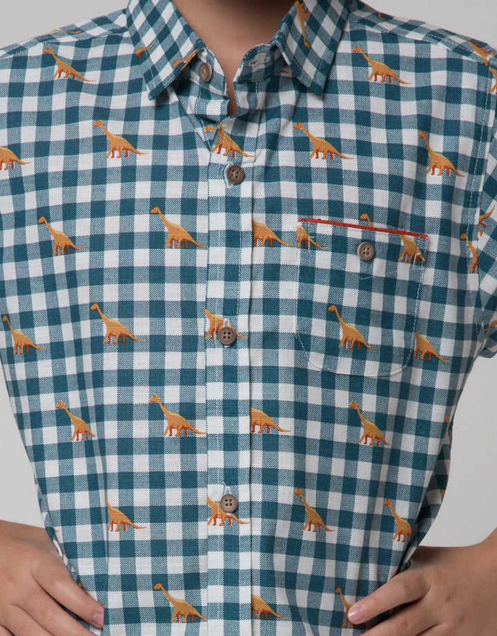 Little M Short Sleeve Shirt Print Dino Check Linen