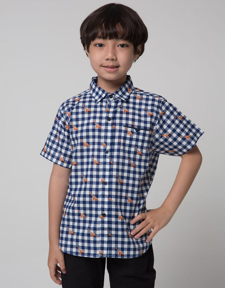 Little M Short Sleeve Shirt Print Dino Check Linen