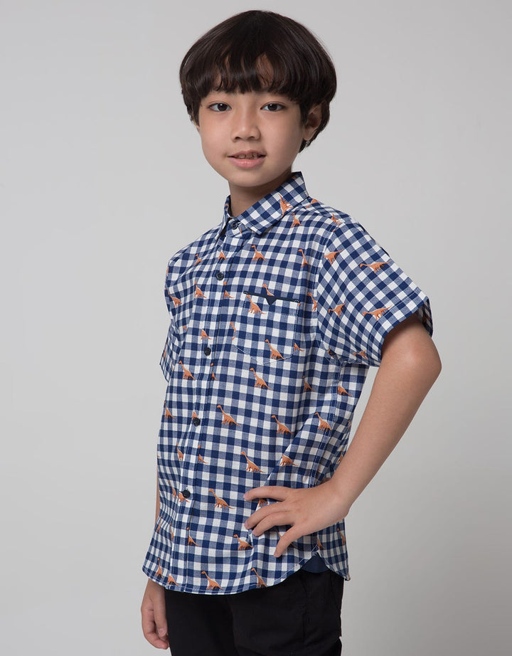 Little M Short Sleeve Shirt Print Dino Check Linen