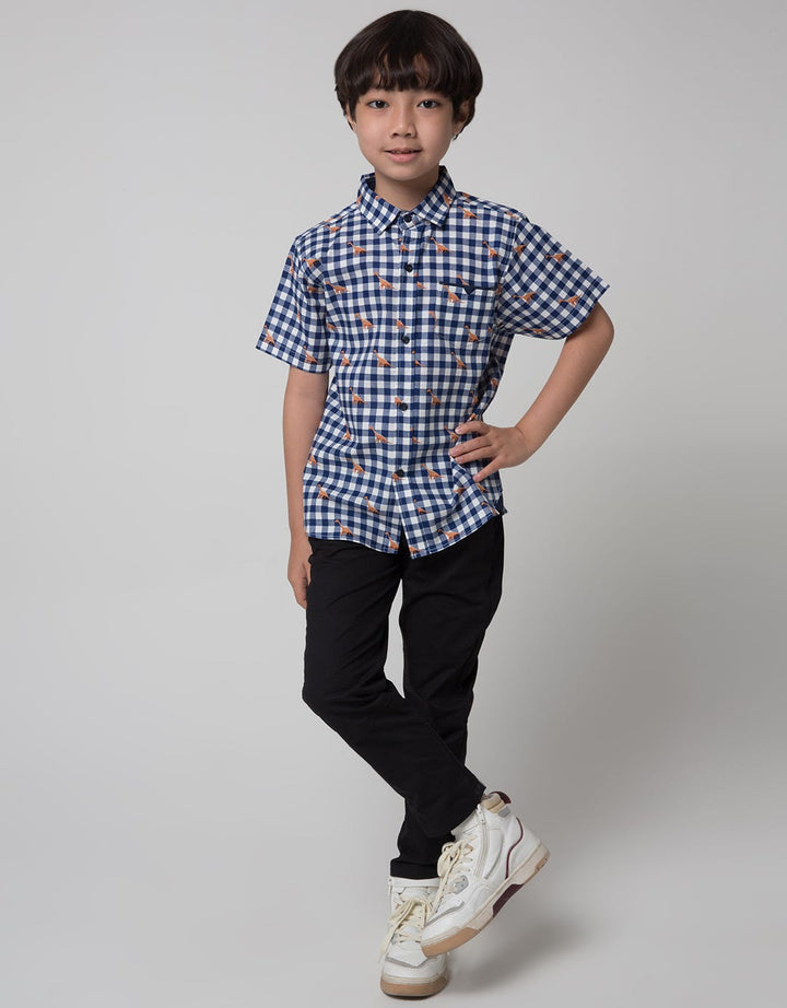 Little M Short Sleeve Shirt Print Dino Check Linen