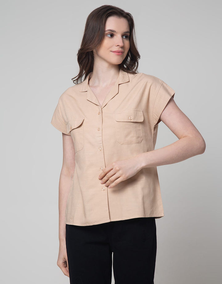 Connexion Short Sleeve Blouse 2 Pocket Cott Linen Resort Collar