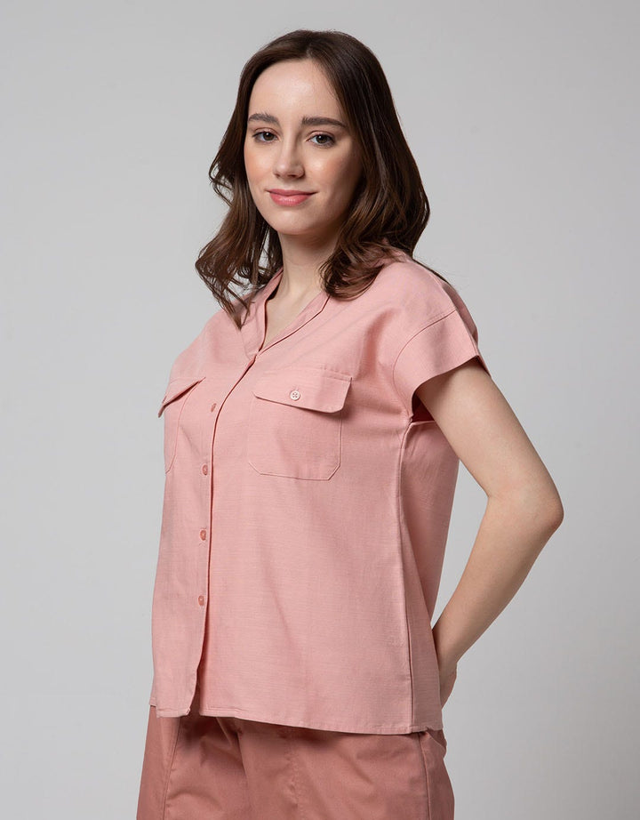 Connexion Short Sleeve Blouse 2 Pocket Cott Linen Resort Collar