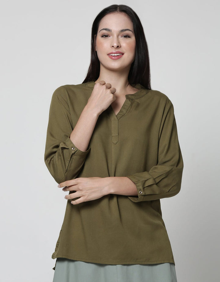 Connexion Long Sleeve Blouse 7/8 Sleve Rayon Twill No Button Hai Neck