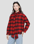 Edition Oversized Plaid Motif Kemeja Asimetris Wanita