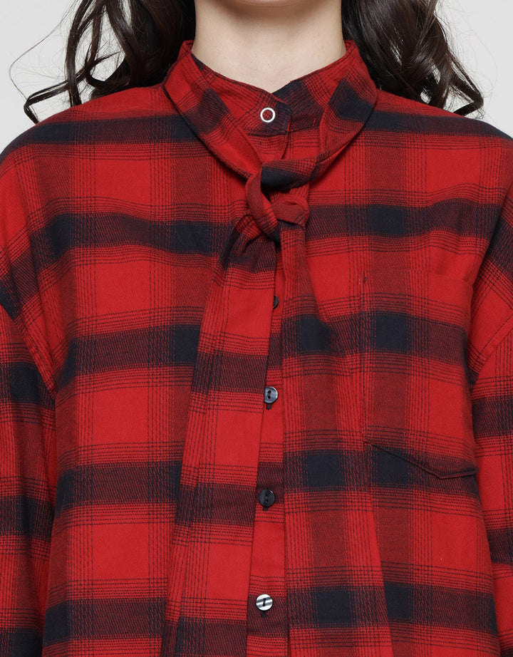 Edition Oversized Plaid Motif Kemeja Asimetris Wanita