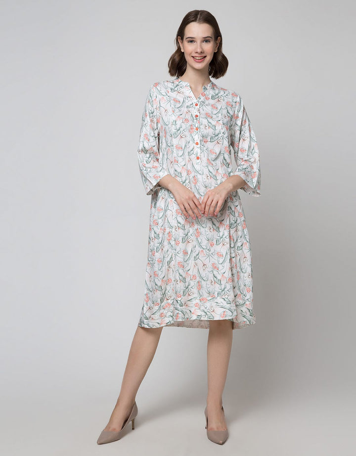 Triset Ladies Leaf Print Midi Dress Wanita