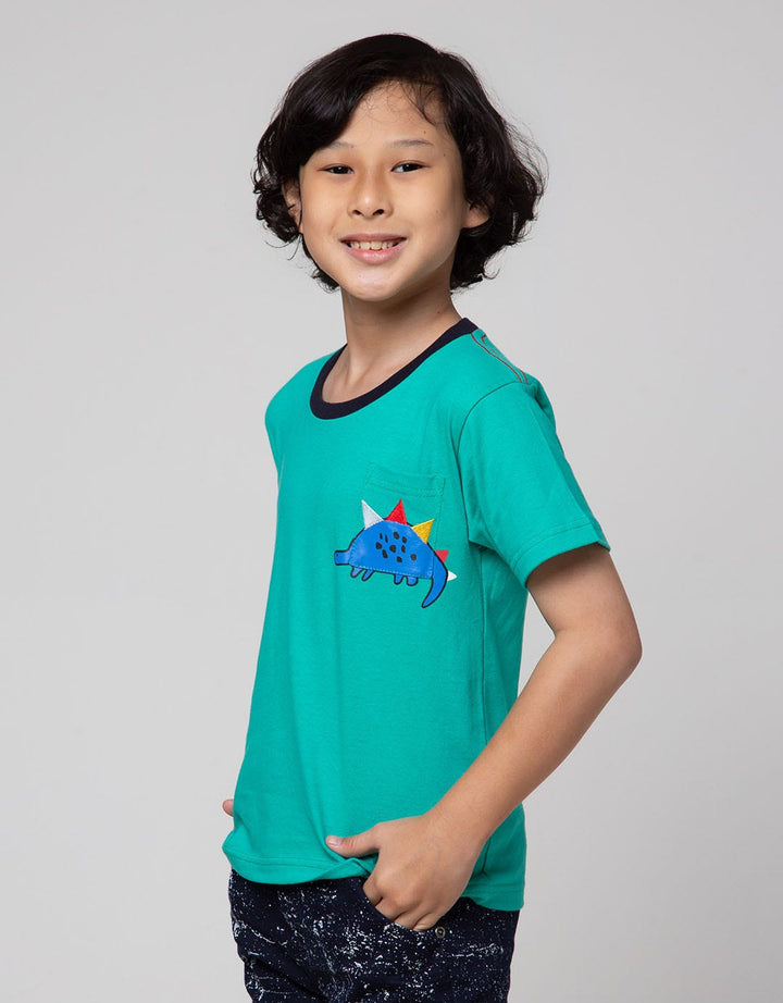 Little M Short Sleeve T-Shirt Print Dino Bordir Aplikasi Cucuk Belakang