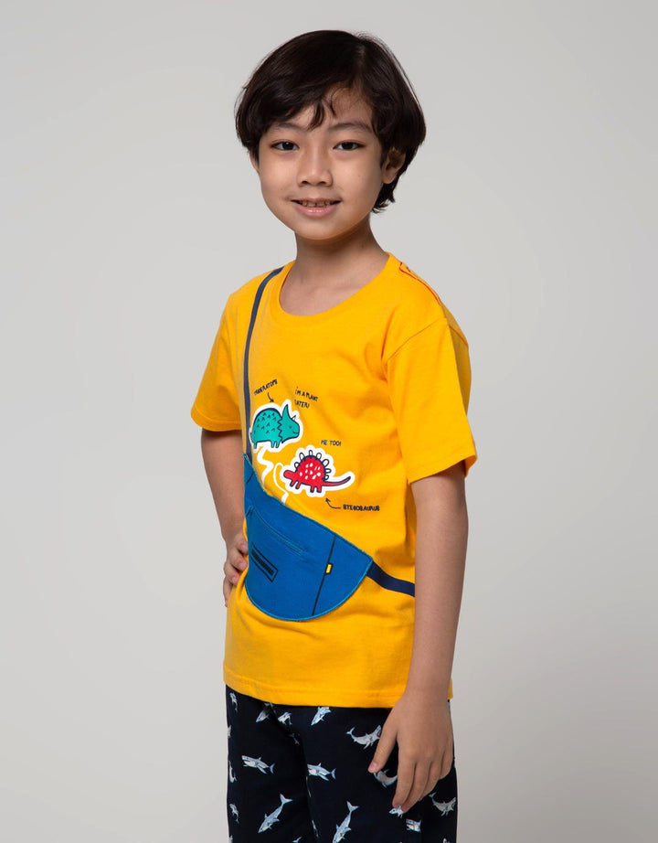 Little M Short Sleeve T-Shirt Print Dino Aplikasi Zipper Double Rib