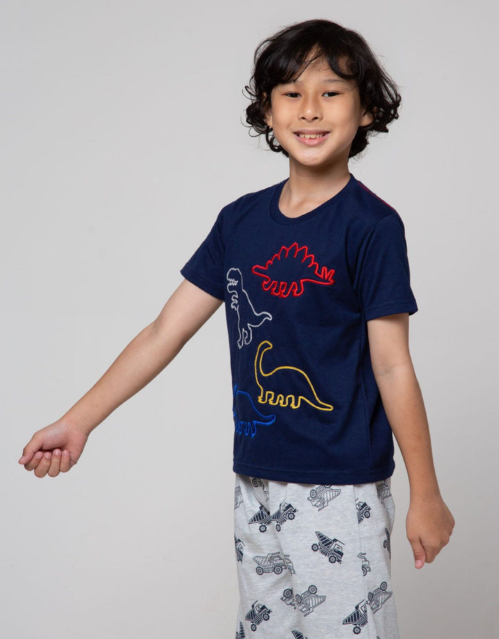 Little M Short Sleeve T-Shirt Print Aplikasi Dino Outline Slub