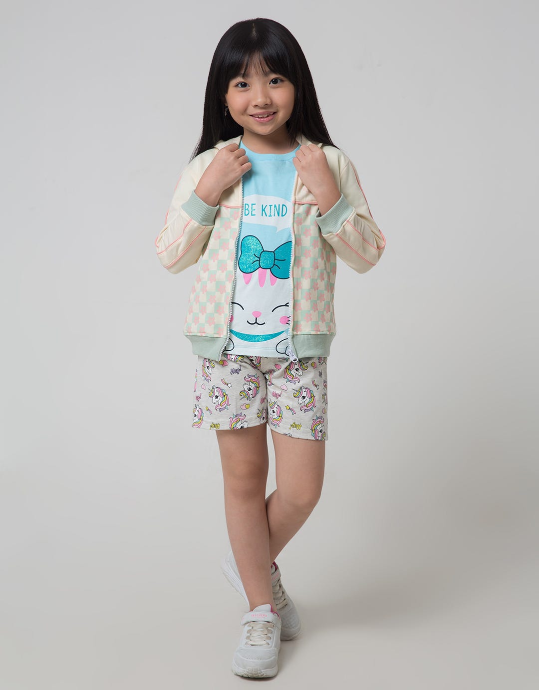 Little M Kotak Print Girls Hoodie Jacket