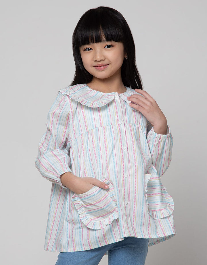 Little M Blouse Lengan Panjang Salur Kerah Ruffle Bordir