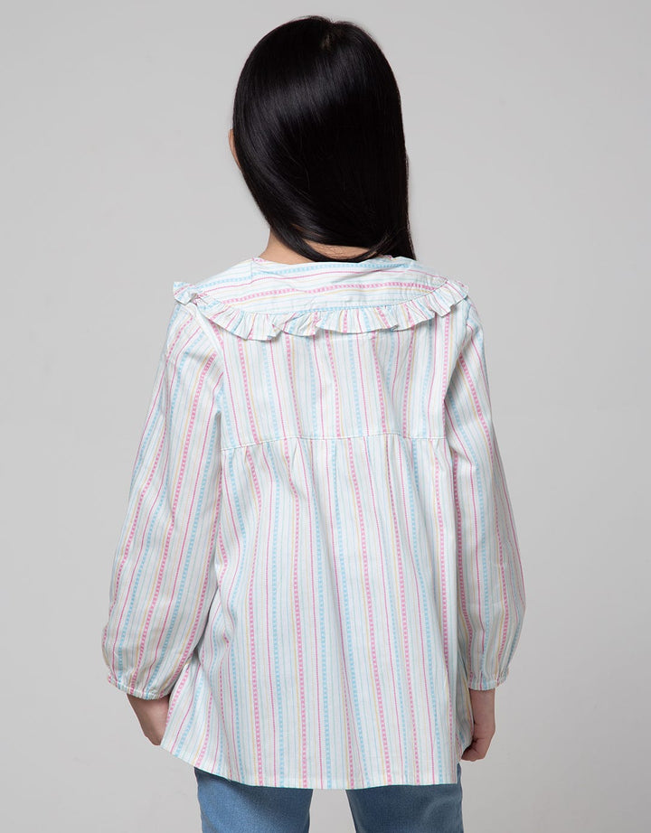 Little M Blouse Lengan Panjang Salur Kerah Ruffle Bordir