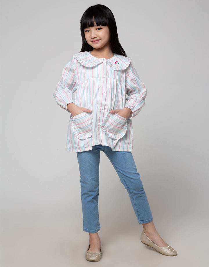 Little M Blouse Lengan Panjang Salur Kerah Ruffle Bordir