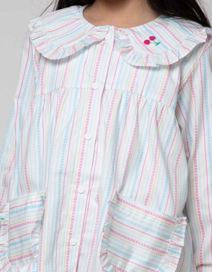 Little M Blouse Lengan Panjang Salur Kerah Ruffle Bordir