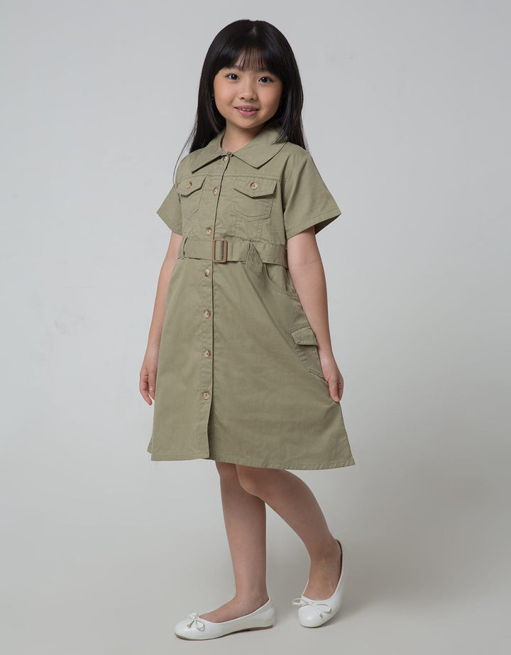 Little M Short Sleeve Midi Dress Twill Safari Belt