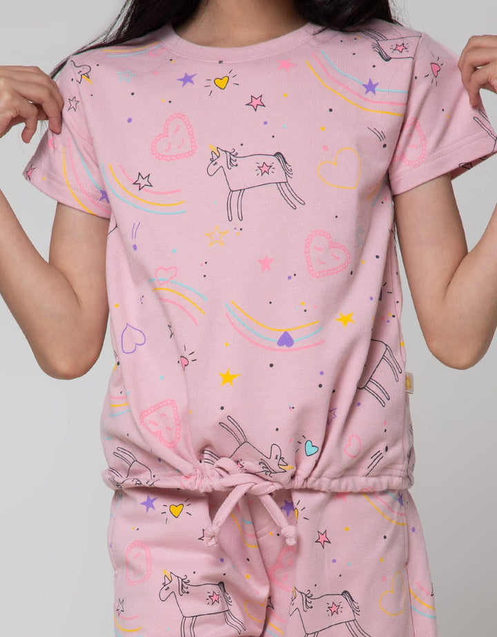 Little M Short Sleeve T-Shirt Full Print Unicorn Bottom Drawstring