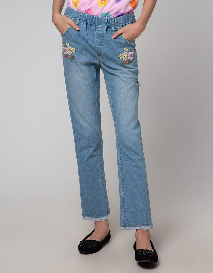 Aero Denim Long Pants Embroidered Flowers on Rawis Bottom