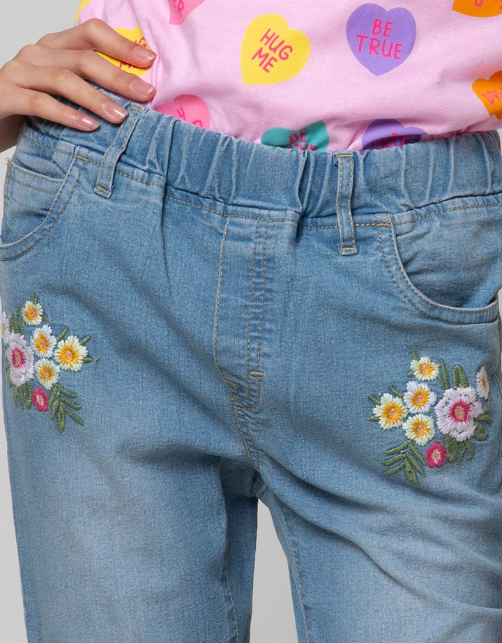 Aero Denim Long Pants Embroidered Flowers on Rawis Bottom
