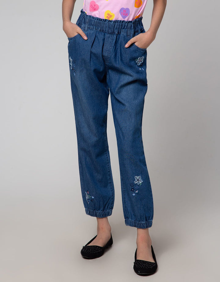 Aero Jogger Denim Embroidery Flowers