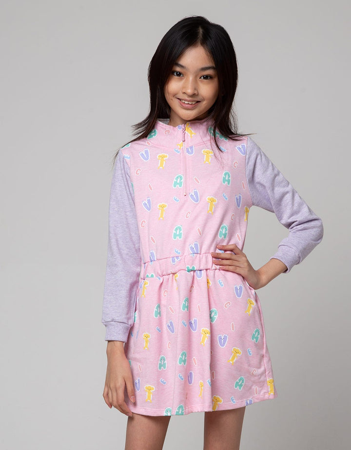Aero Long Sleeve Midi Dress Fullprint With Zipper Bear