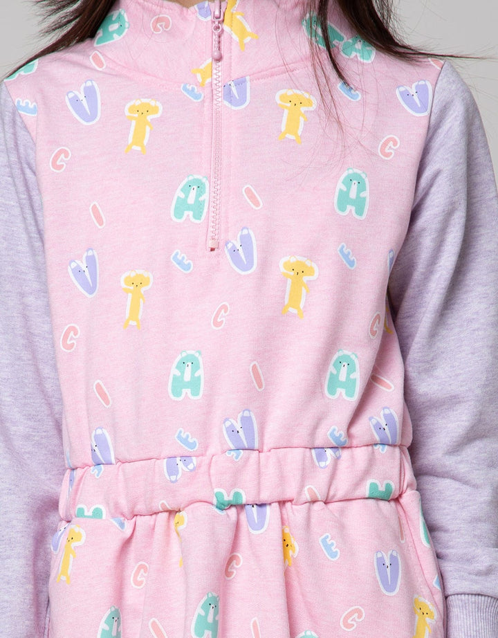 Aero Long Sleeve Midi Dress Fullprint With Zipper Bear