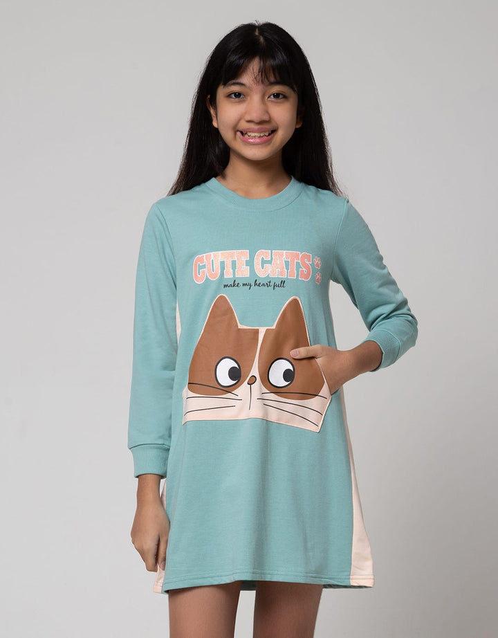 Aero Long Sleeve Midi Dress Kantong Cute Cat