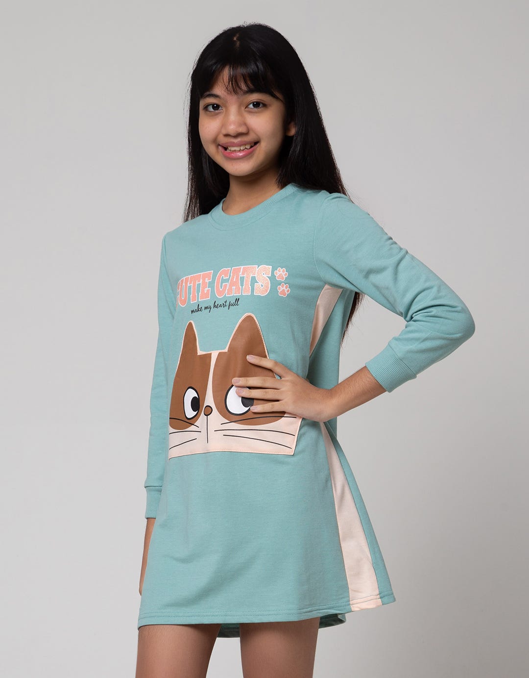 Aero Long Sleeve Midi Dress Kantong Cute Cat