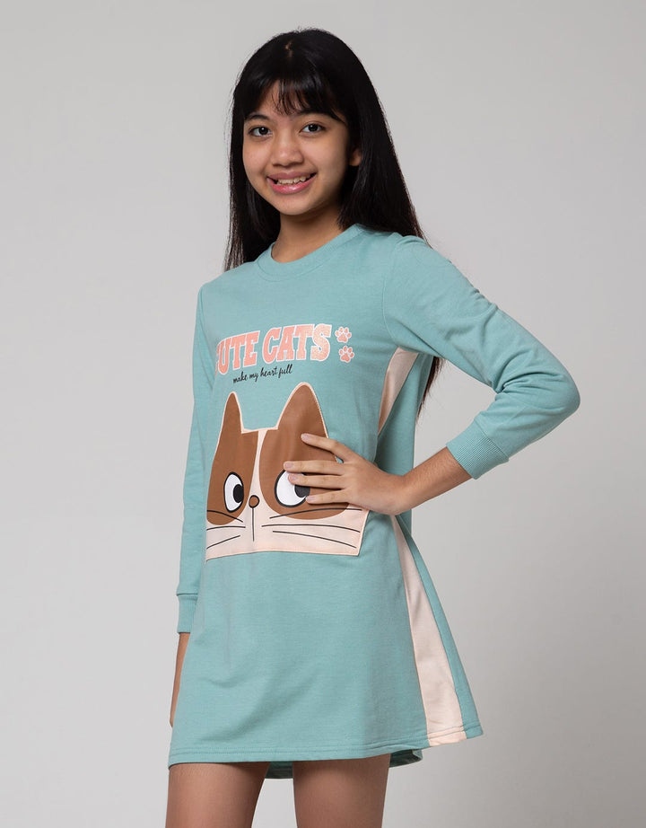 Aero Long Sleeve Midi Dress Kantong Cute Cat