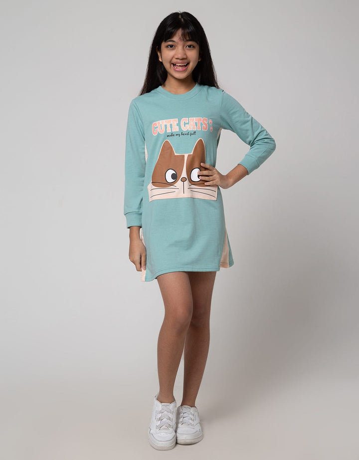 Aero Long Sleeve Midi Dress Kantong Cute Cat