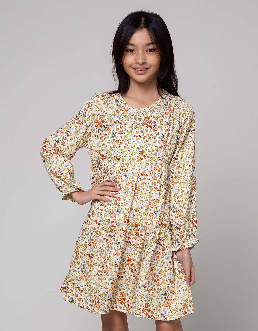 Aero Long Sleeve Midi Dress Rayon Print Daun