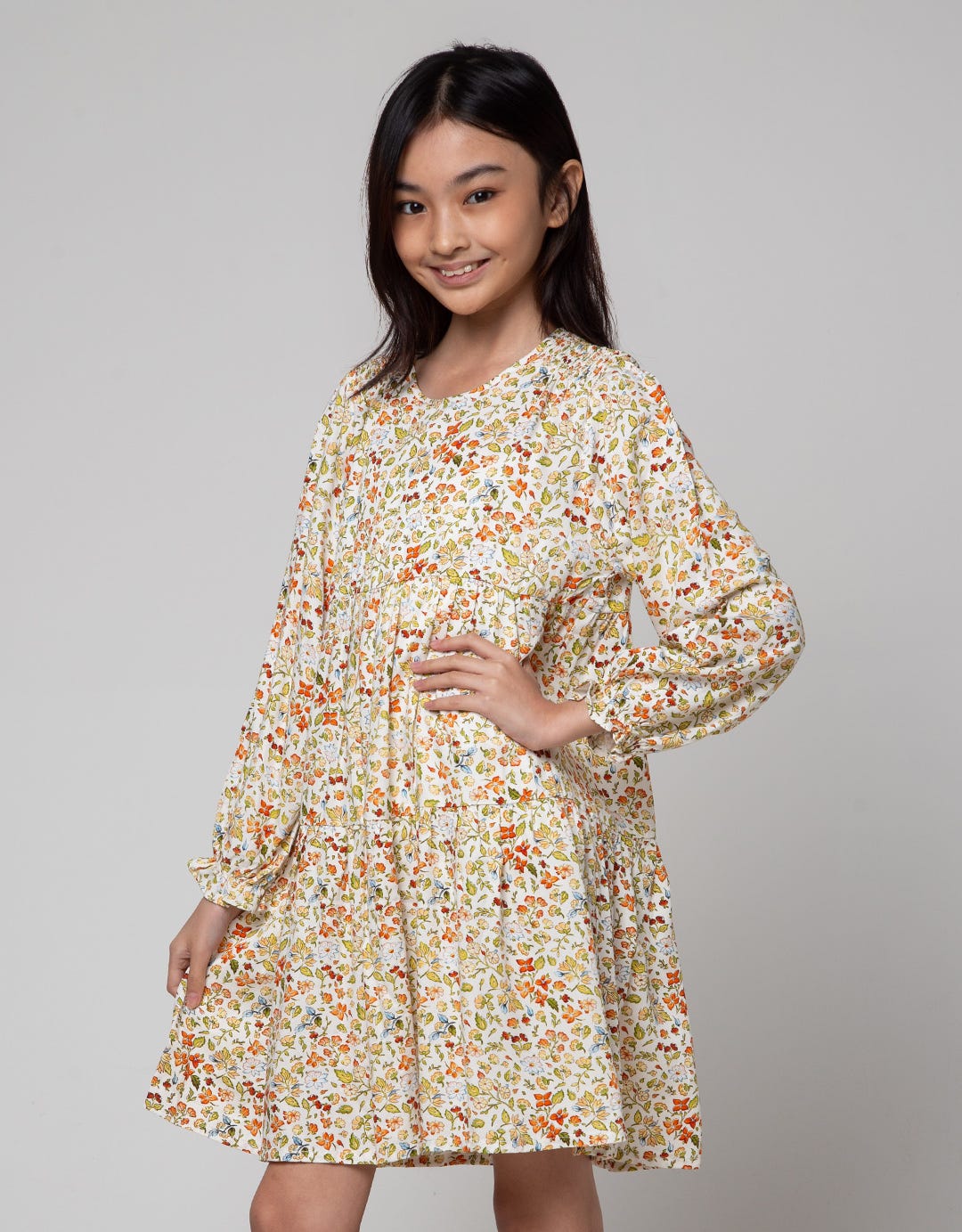 Aero Long Sleeve Midi Dress Rayon Print Daun
