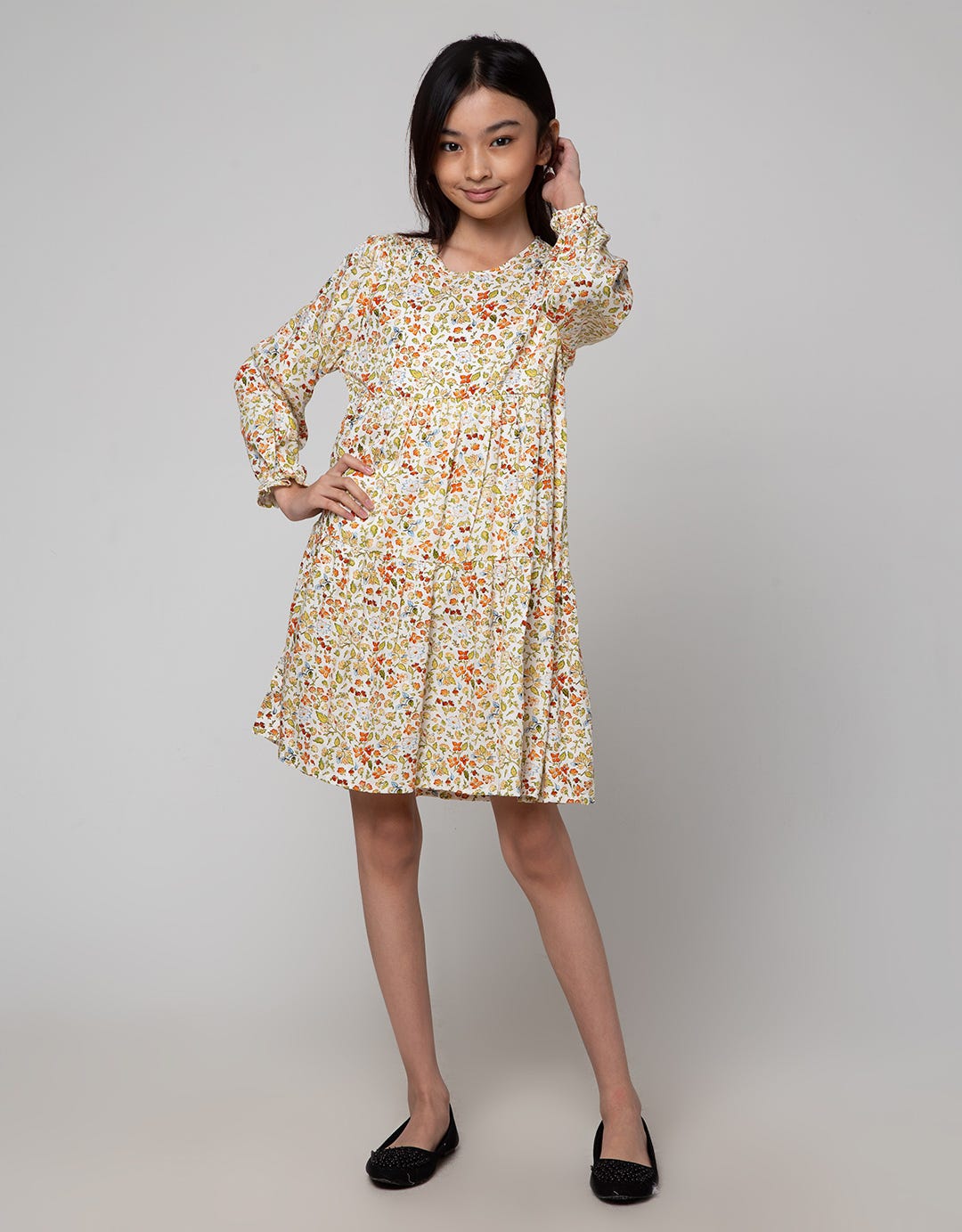 Aero Long Sleeve Midi Dress Rayon Print Daun