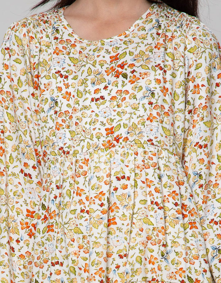 Aero Long Sleeve Midi Dress Rayon Print Daun