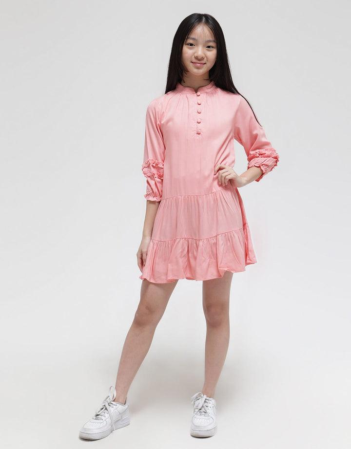 Aero Long Sleeve Midi Dress Rayon Round Front Button