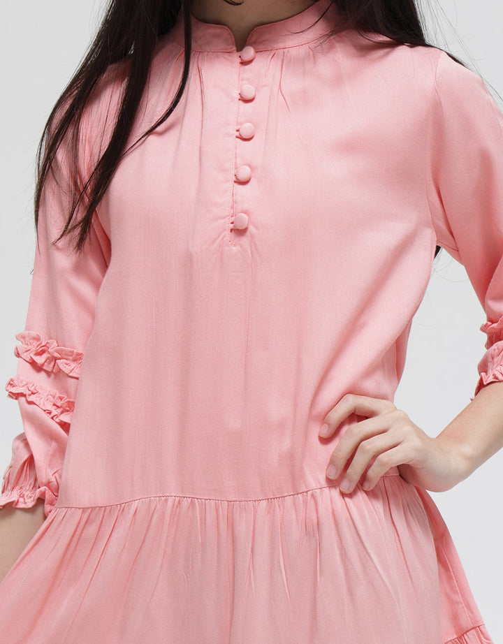 Aero Long Sleeve Midi Dress Rayon Round Front Button