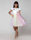 Sweet Miss Short Sleeve Midi Dress Flower Tile Leaves Rainbow Skirt