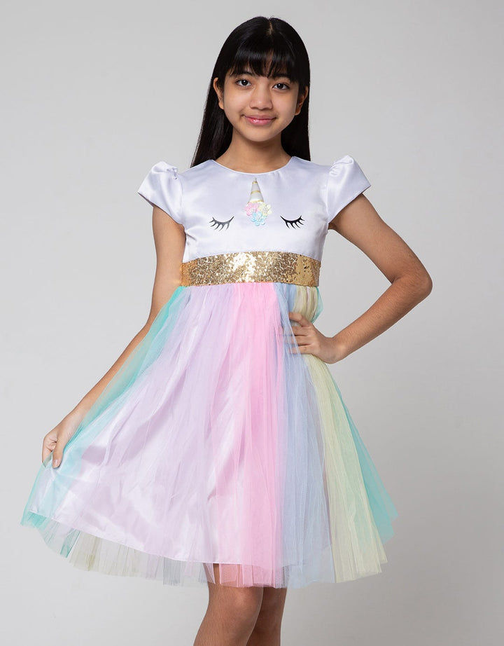 Sweet Miss Short Sleeve Midi Dress Unicorn Pinggang Payet Tile Rainbow