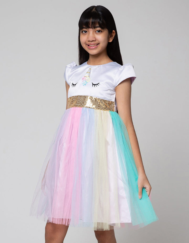 Sweet Miss Short Sleeve Midi Dress Unicorn Pinggang Payet Tile Rainbow