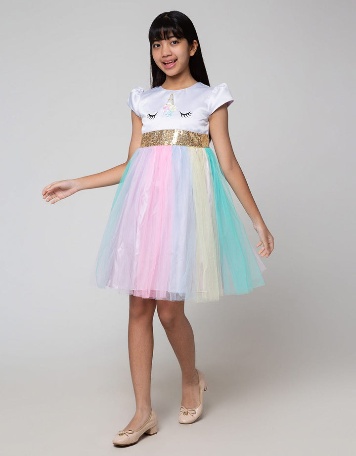 Sweet Miss Short Sleeve Midi Dress Unicorn Pinggang Payet Tile Rainbow