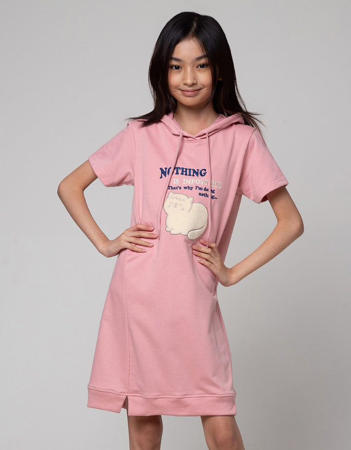 Nevada Short Sleeve Midi Dress Hoodie Patch Applique Cat