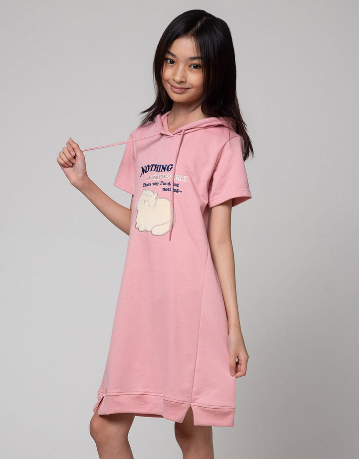 Nevada Short Sleeve Midi Dress Hoodie Patch Applique Cat