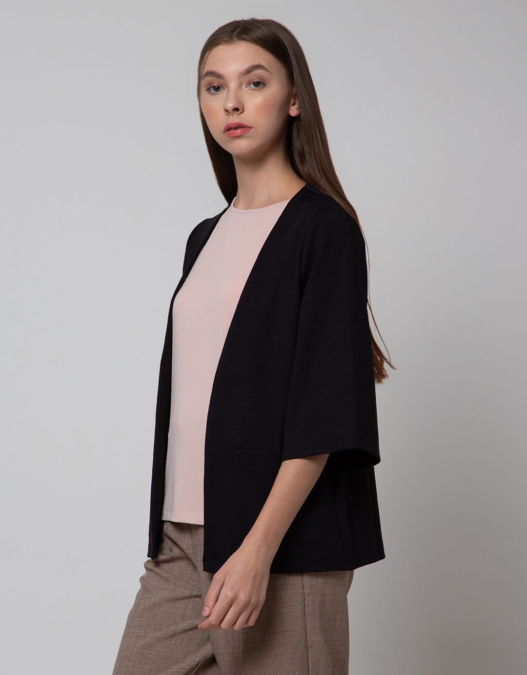 CARDIGAN PONTE KANTONG SAN22A:BLACK:M:SOLID:CARDIGAN